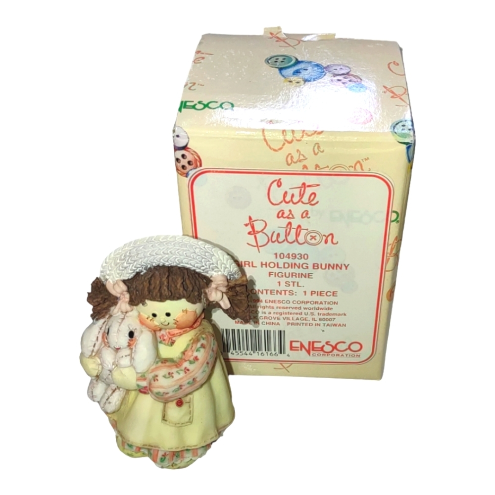 Vintage Cute As A Button Girl Holding Bunny Figurine